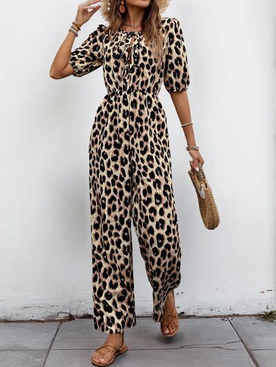 Perfee Tied Leopard Half Sleeve Jumpsuit - Image 4