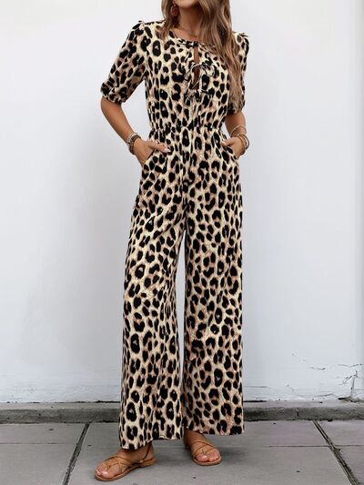 Perfee Tied Leopard Half Sleeve Jumpsuit - Image 5