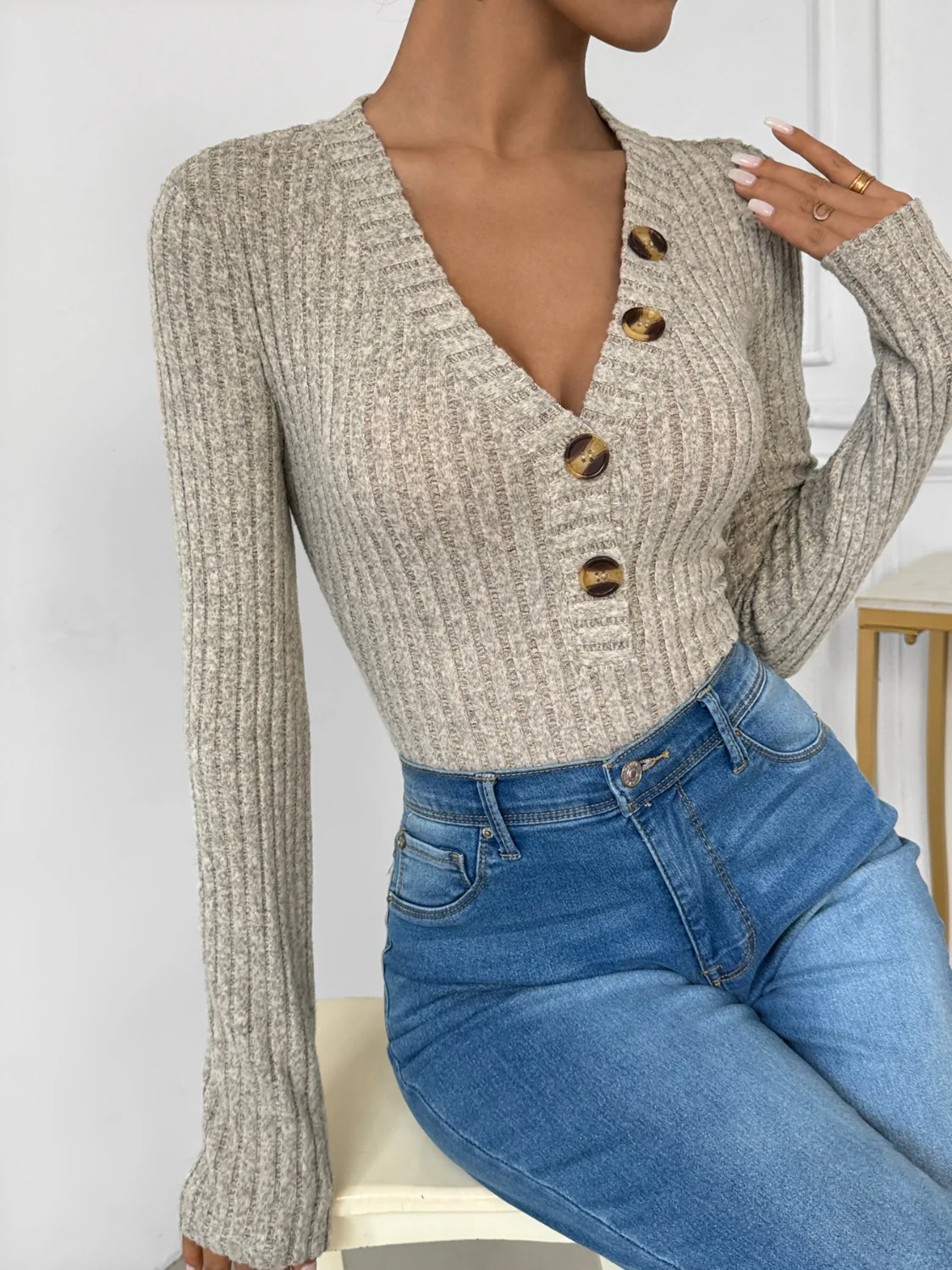 Perfee V-Neck Long Sleeve Bodysuit - Image 3