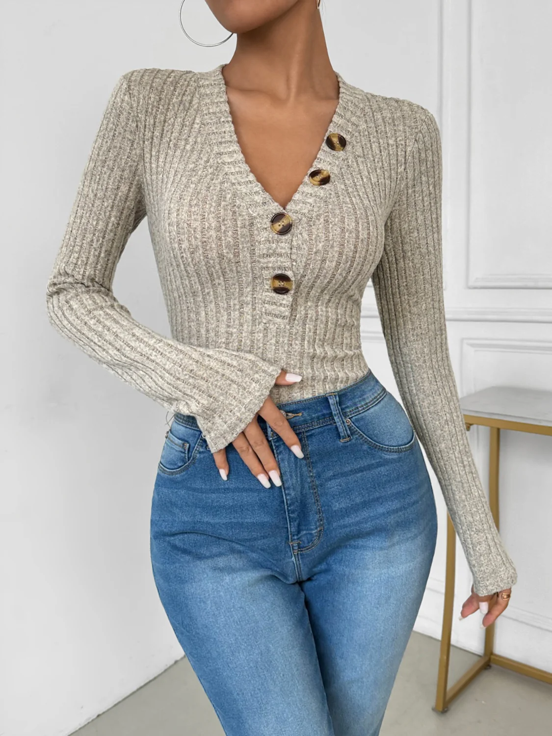 Perfee V-Neck Long Sleeve Bodysuit - Image 4