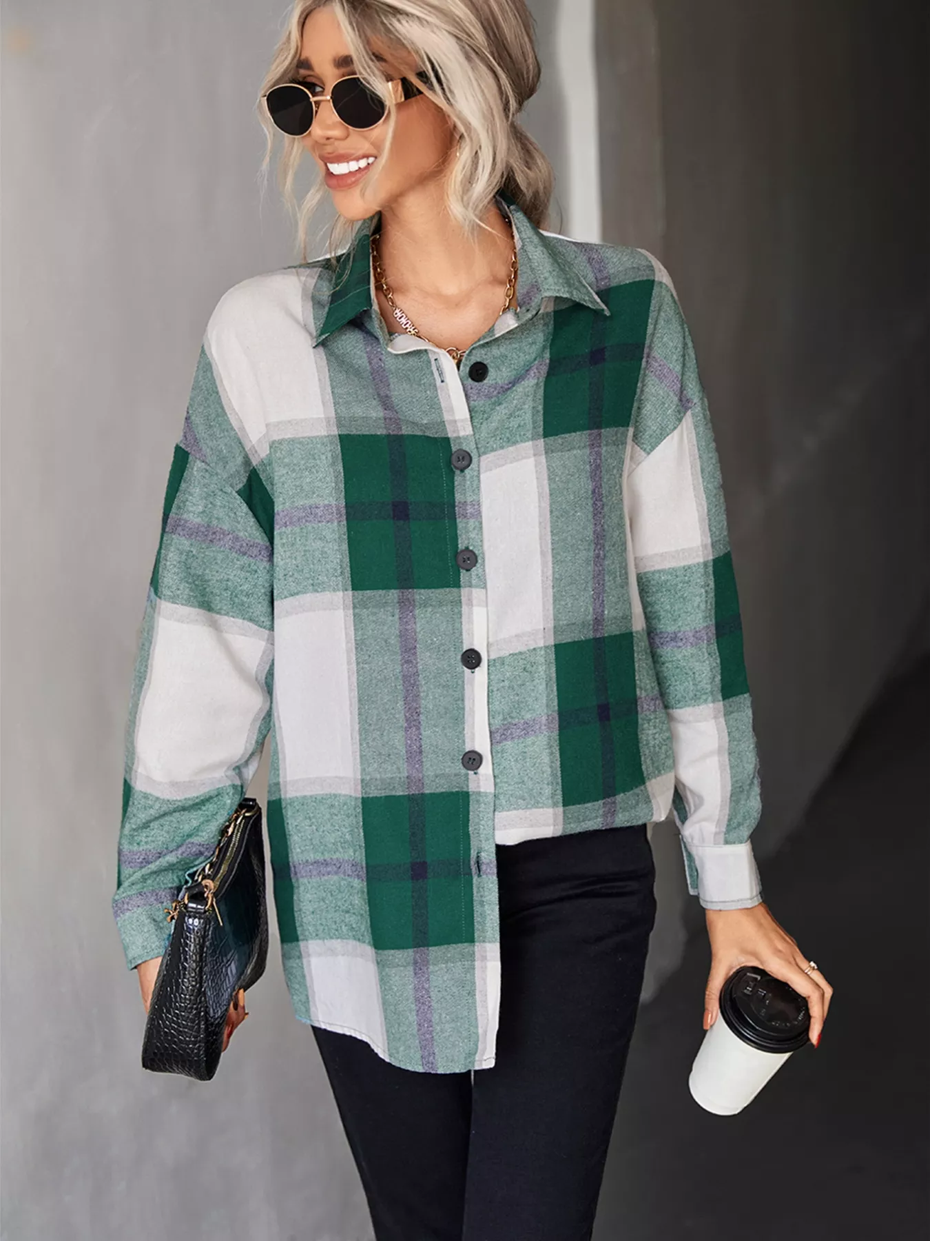 Plaid Button-Down Long Sleeve Shirt - Image 7