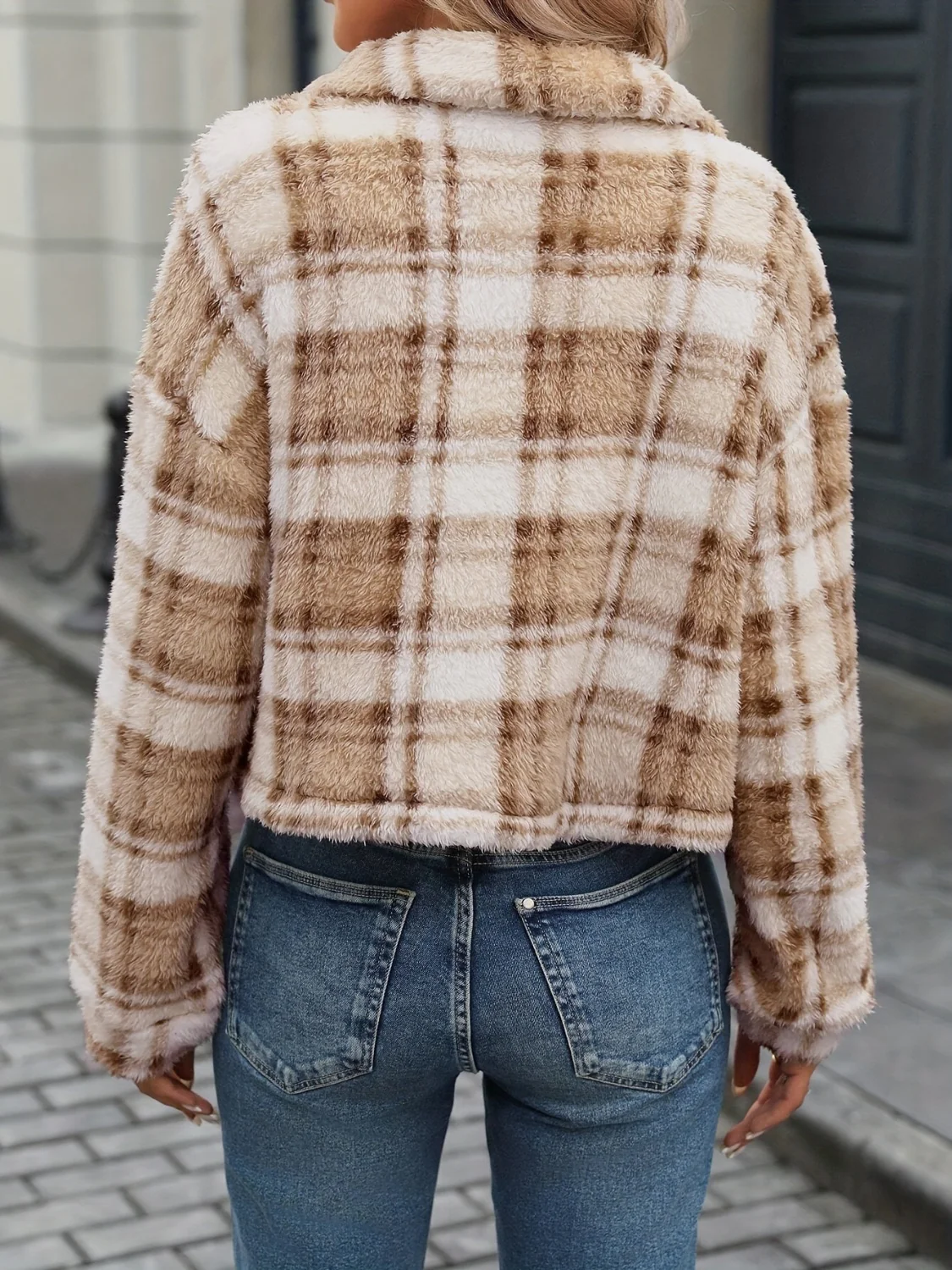 Plaid Button Up Collared Neck Long Sleeve Jacket - Image 2
