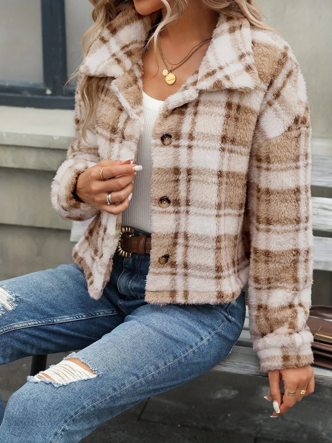 Plaid Button Up Collared Neck Long Sleeve Jacket - Image 3
