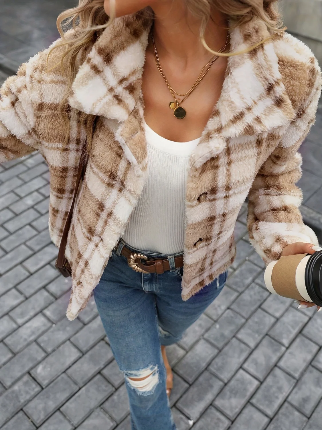 Plaid Button Up Collared Neck Long Sleeve Jacket - Image 4