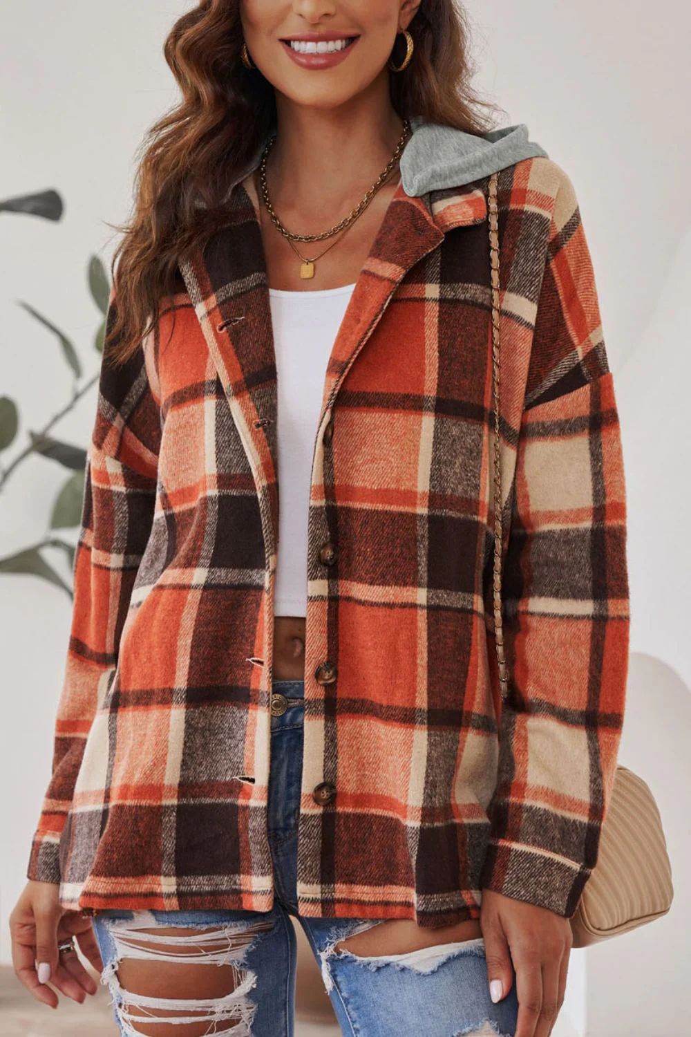 Plaid Button Up Hooded Shacket - Image 3