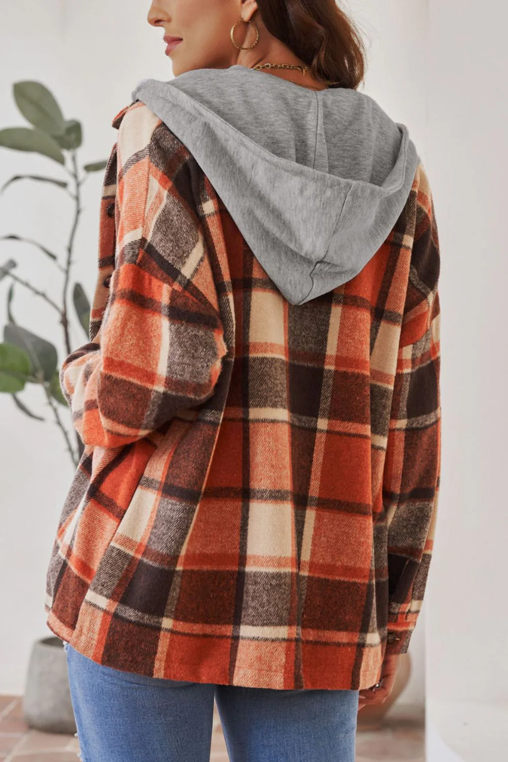 Plaid Button Up Hooded Shacket - Image 4