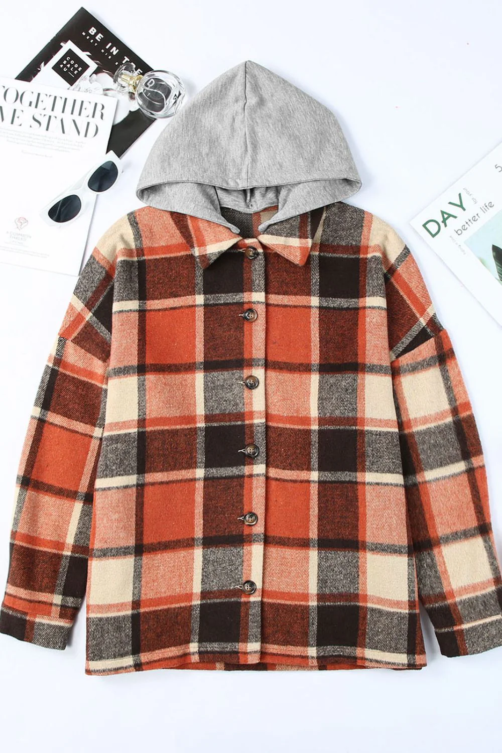 Plaid Button Up Hooded Shacket - Image 5