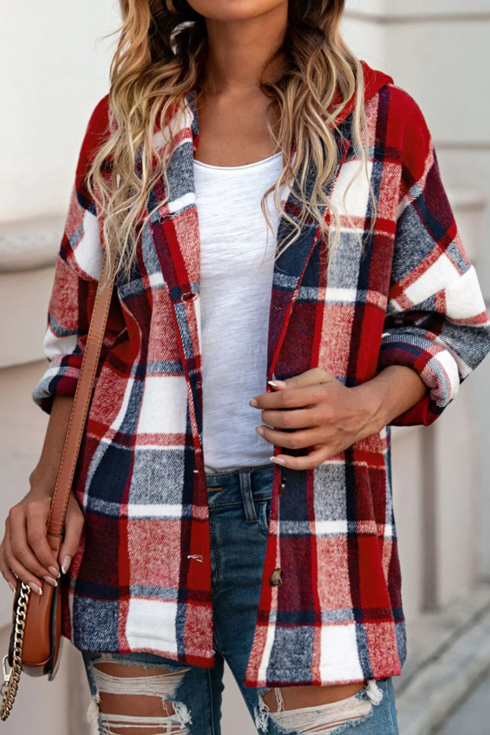 Plaid Button Up Hooded Shacket - Image 9