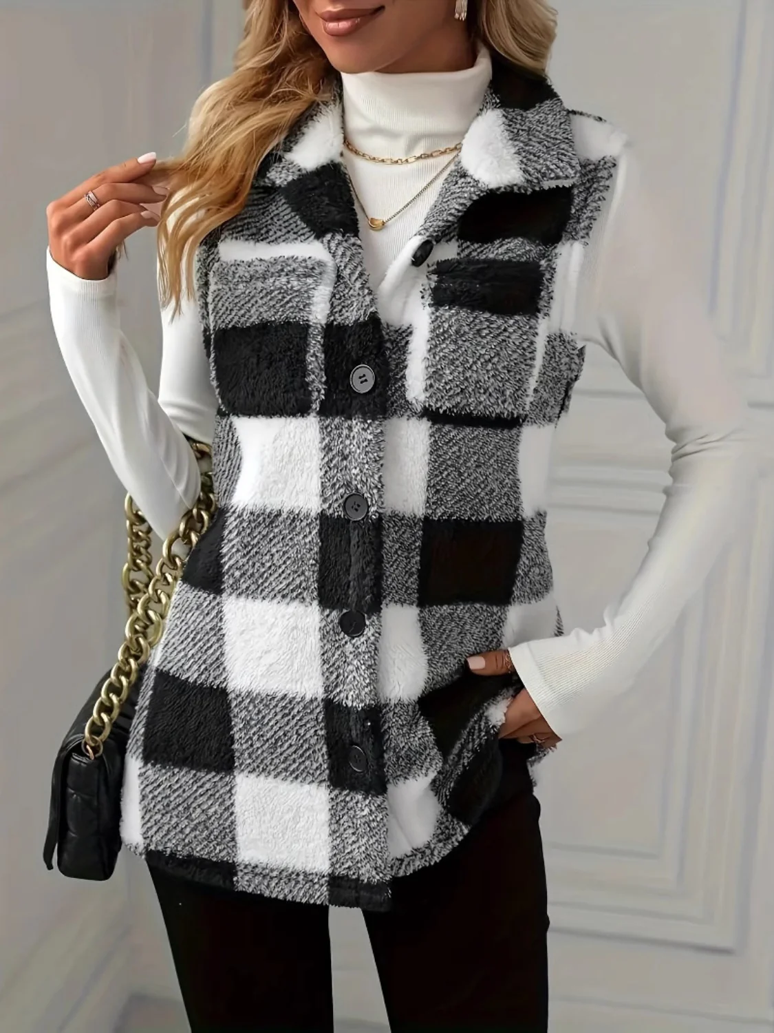 Plaid Button Up Vest Coat - Image 2