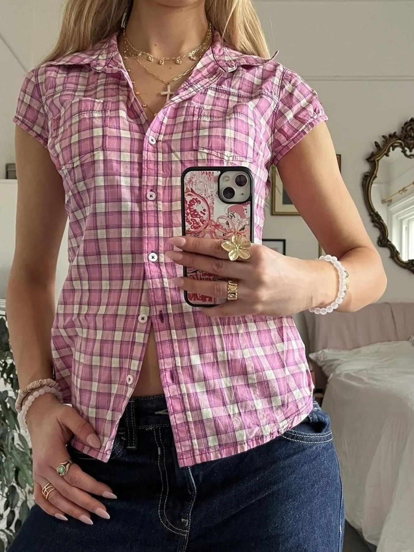Plaid Cap Sleeve Button-Up Shirt - Image 3