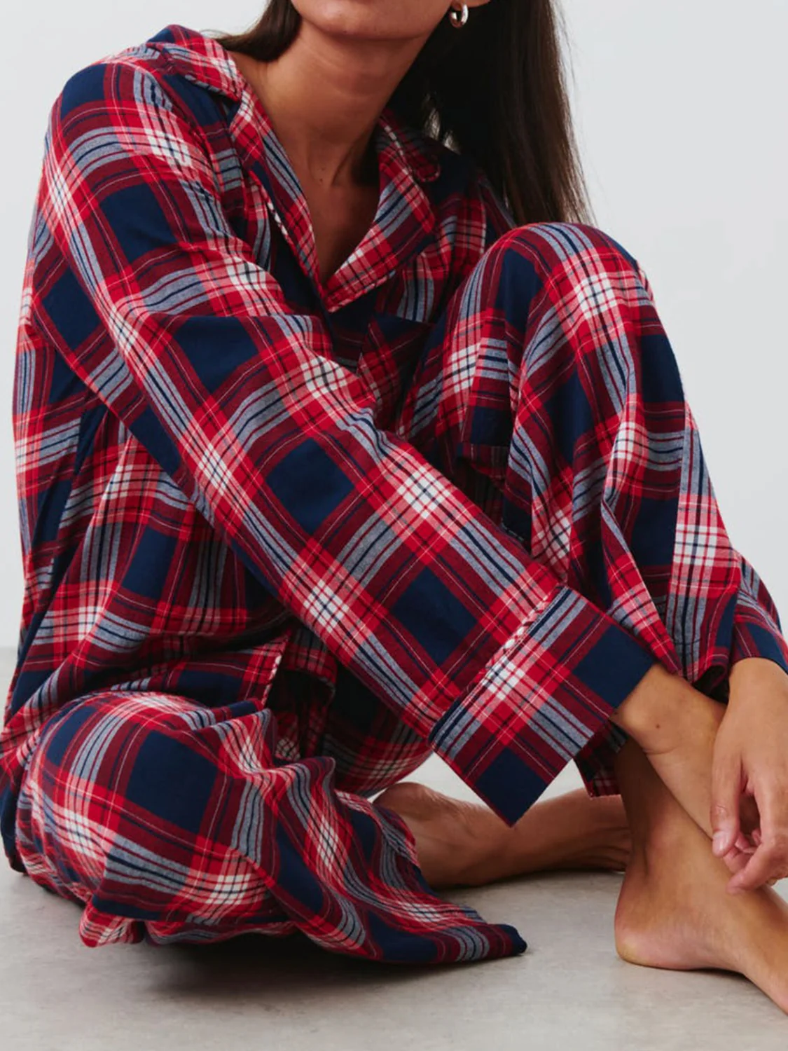 Plaid Collared Neck Button Up Top and Pants Lounge Set - Image 10