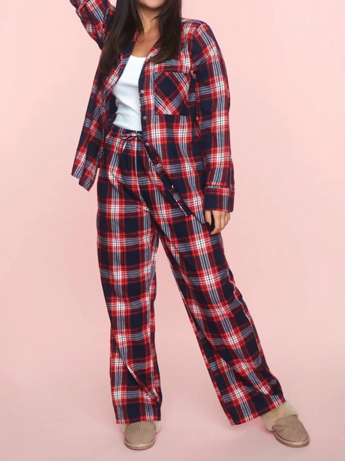 Plaid Collared Neck Button Up Top and Pants Lounge Set - Image 11