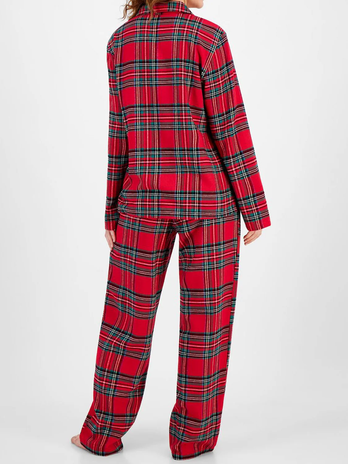 Plaid Collared Neck Button Up Top and Pants Lounge Set - Image 2