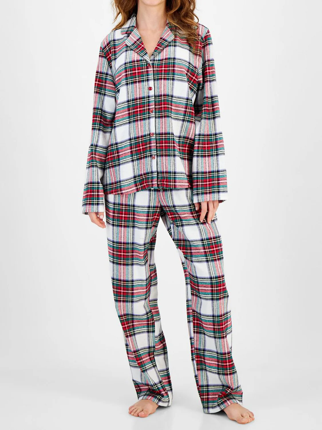 Plaid Collared Neck Button Up Top and Pants Lounge Set - Image 4