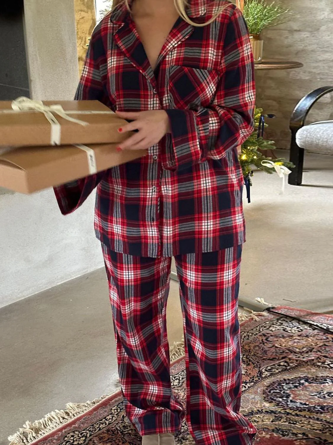 Plaid Collared Neck Button Up Top and Pants Lounge Set - Image 7