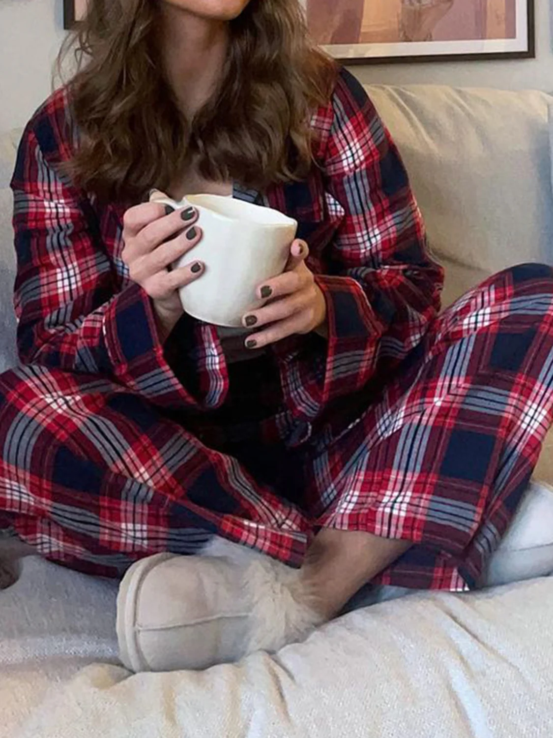 Plaid Collared Neck Button Up Top and Pants Lounge Set - Image 9