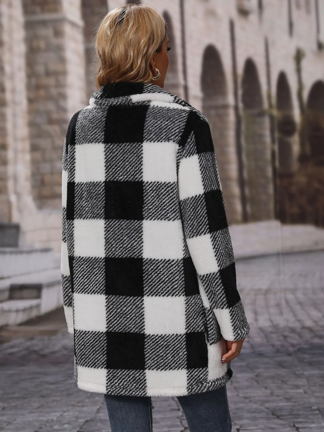 Plaid Collared Neck Coat with Pockets - Image 2