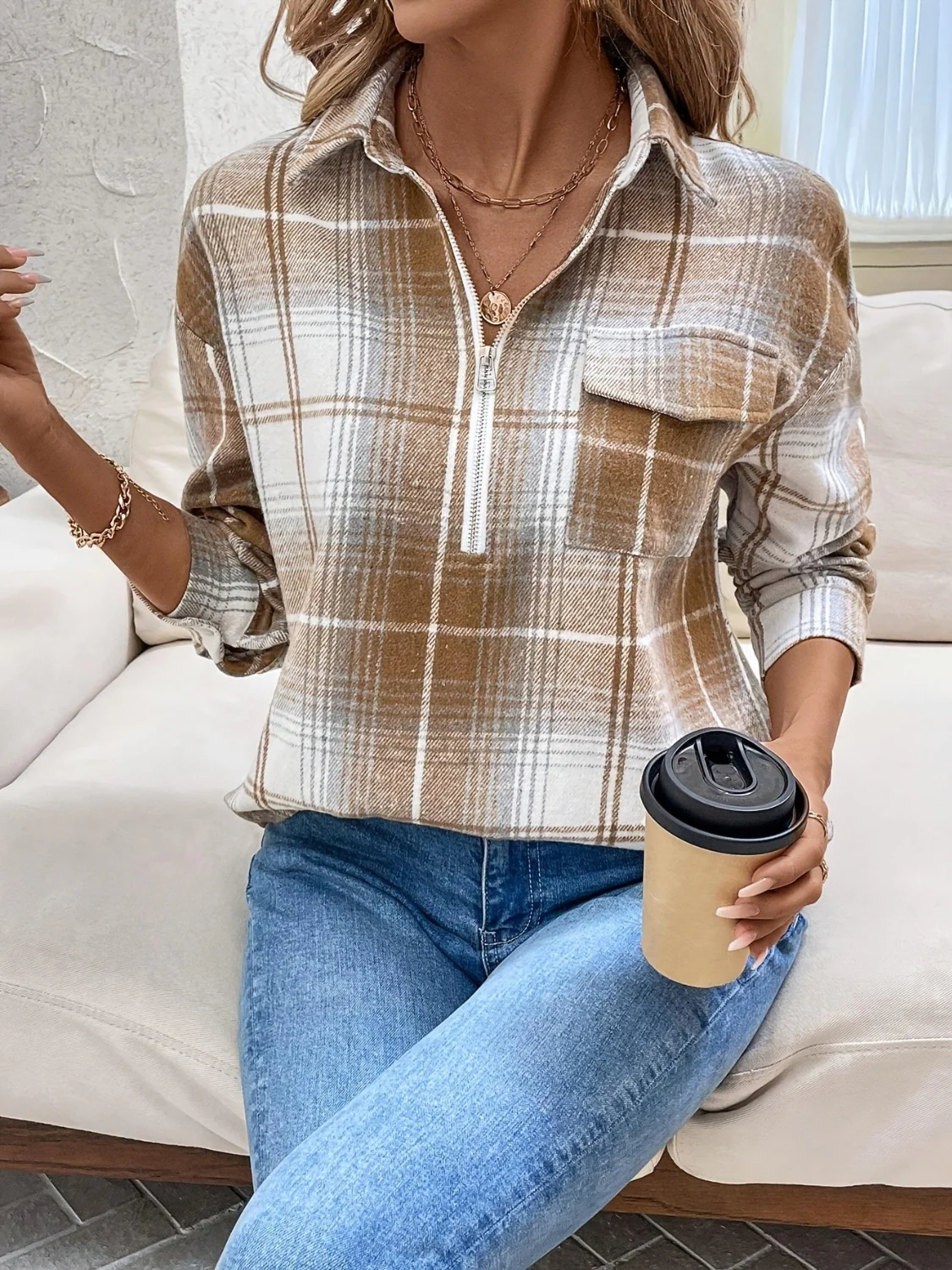 Plaid Collared Neck Half Zip Long Sleeve Top - Image 3