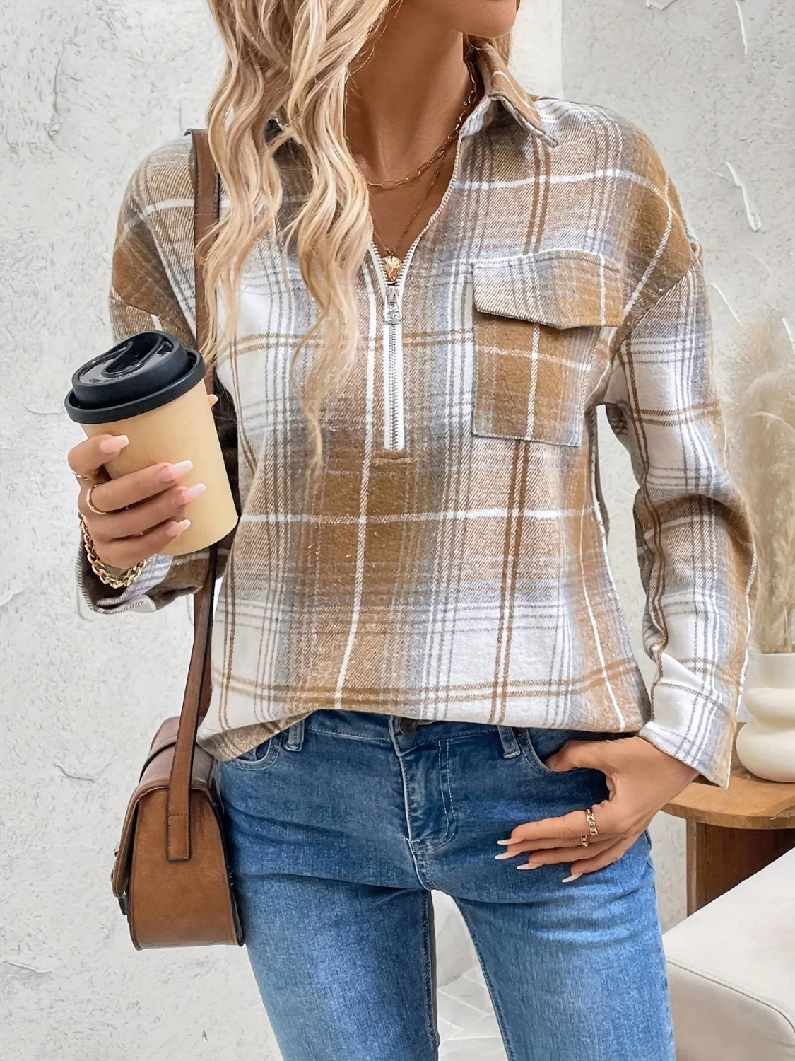 Plaid Collared Neck Half Zip Long Sleeve Top - Image 4