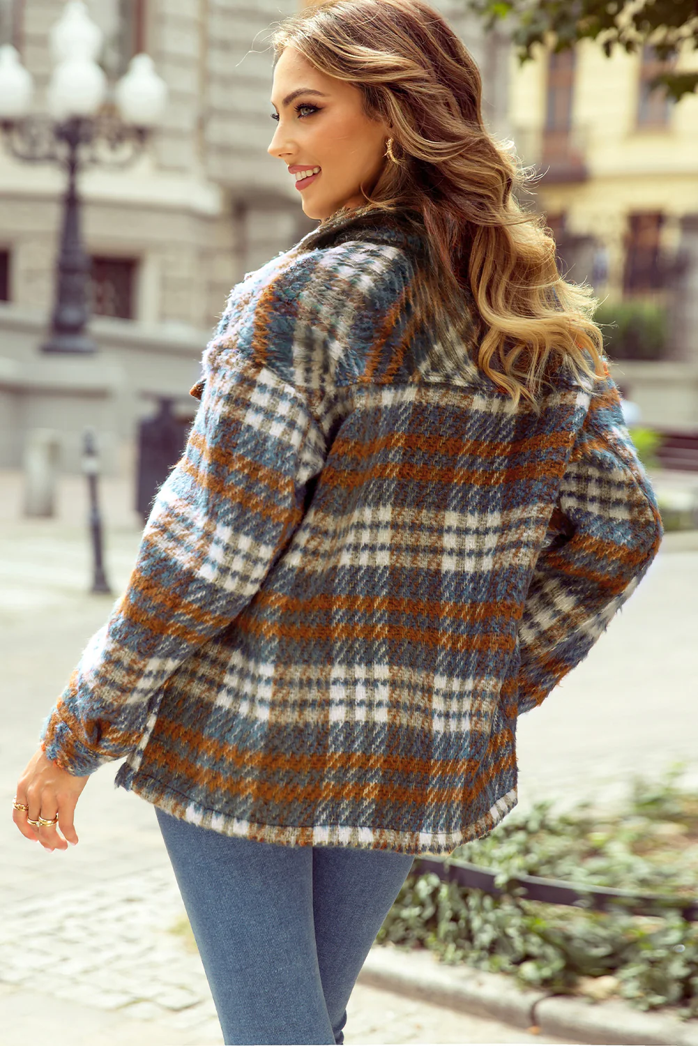 Plaid Collared Neck Jacket with Chest Pockets - Image 3