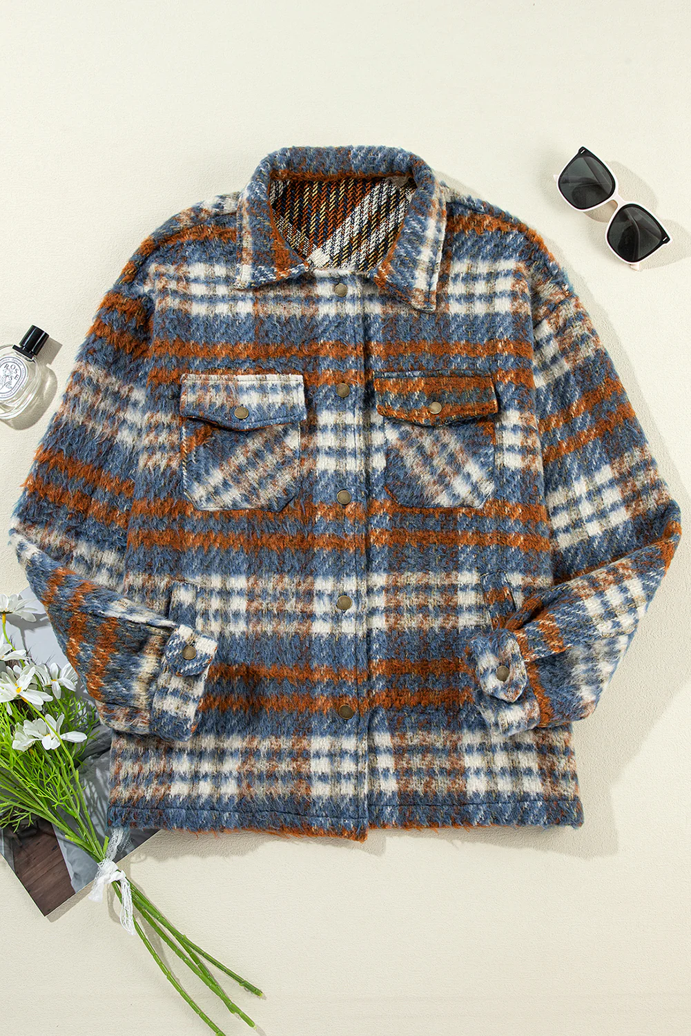Plaid Collared Neck Jacket with Chest Pockets - Image 6