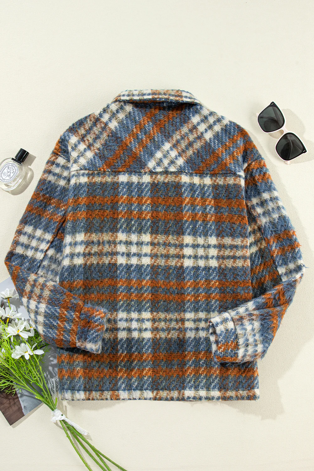 Plaid Collared Neck Jacket with Chest Pockets - Image 7