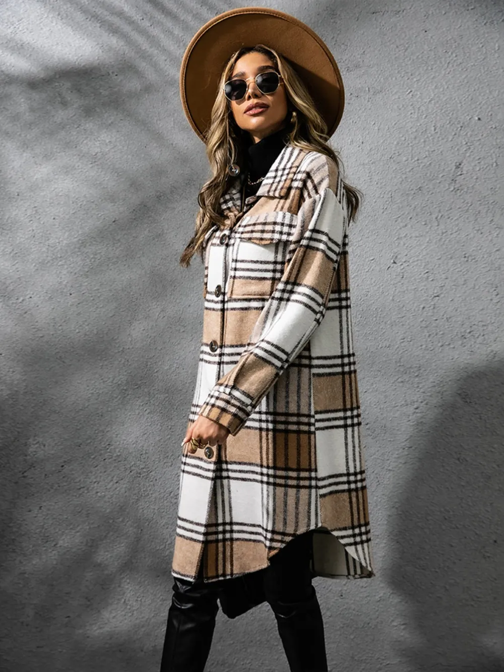 Plaid Collared Neck Long Sleeve Coat - Image 3