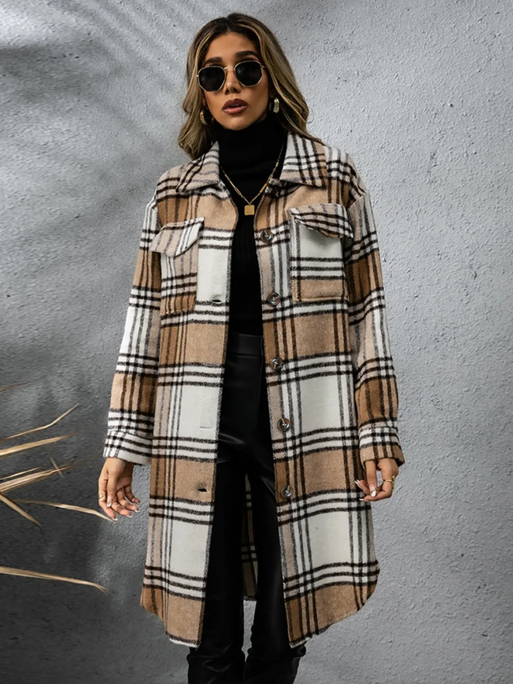 Plaid Collared Neck Long Sleeve Coat - Image 6
