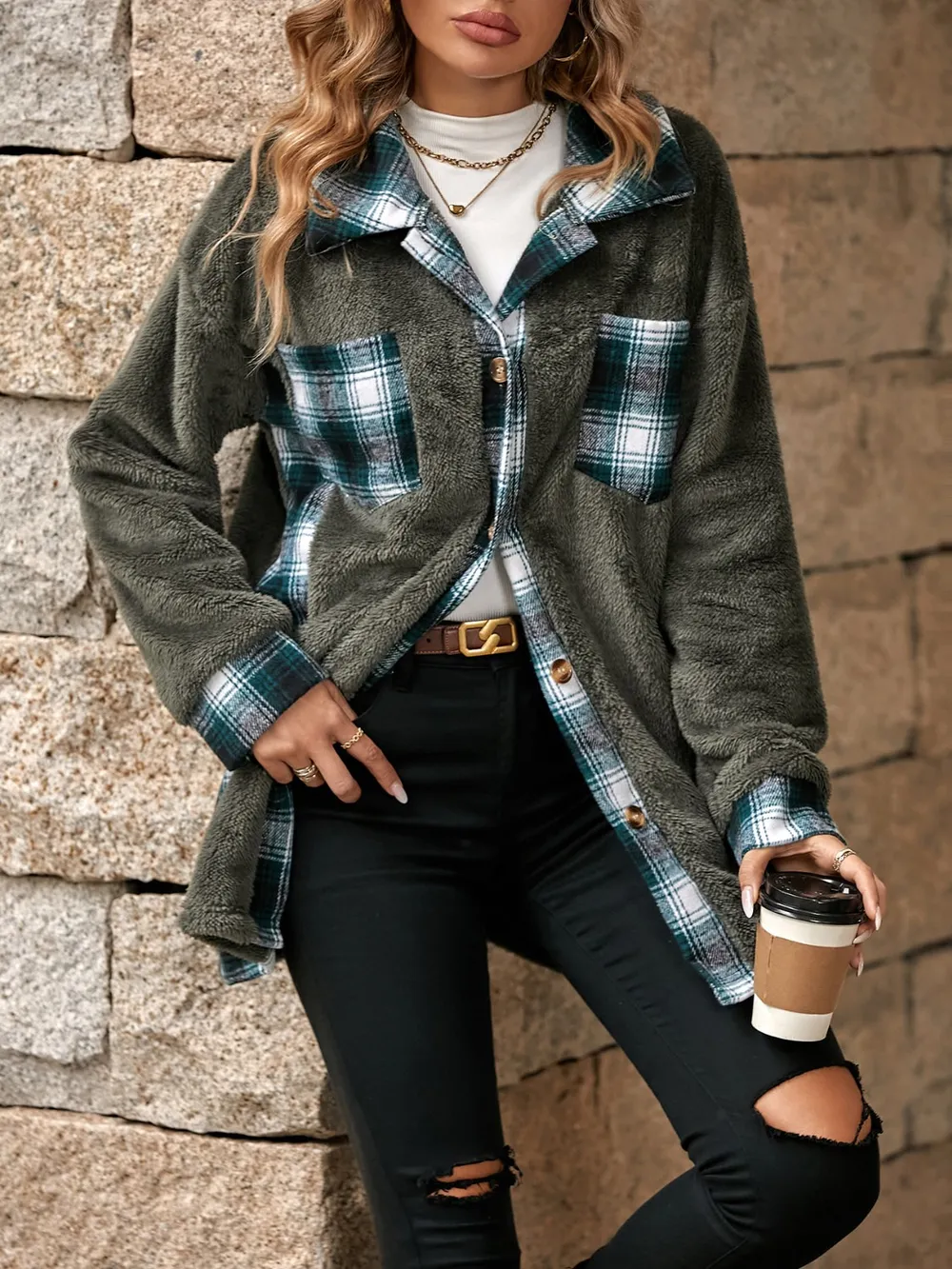 Plaid Contrast Dropped Shoulder Coat - Image 12