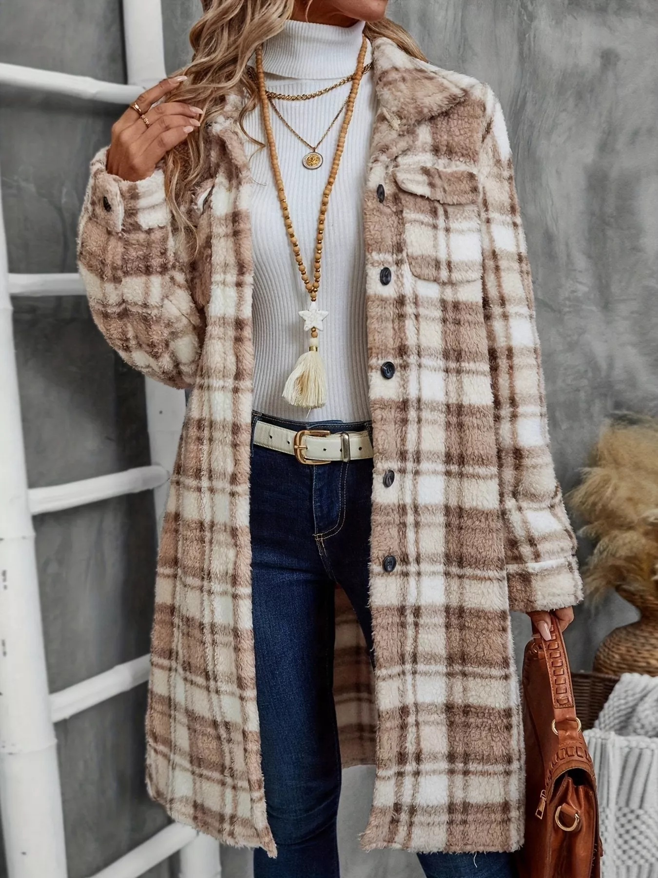 Plaid Fleece Button Up Longline Outerwear - Image 3
