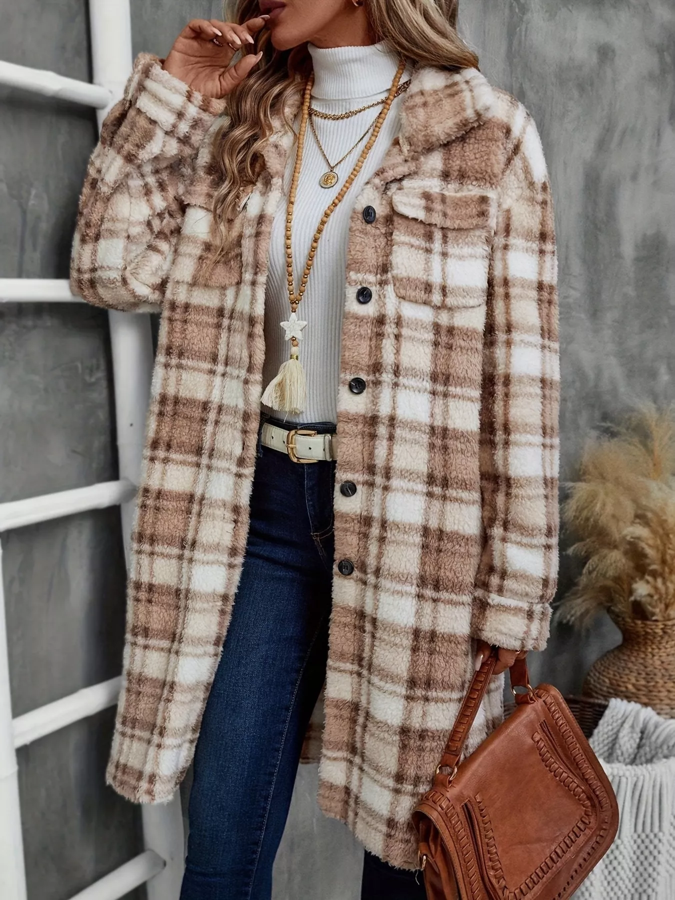 Plaid Fleece Button Up Longline Outerwear - Image 4