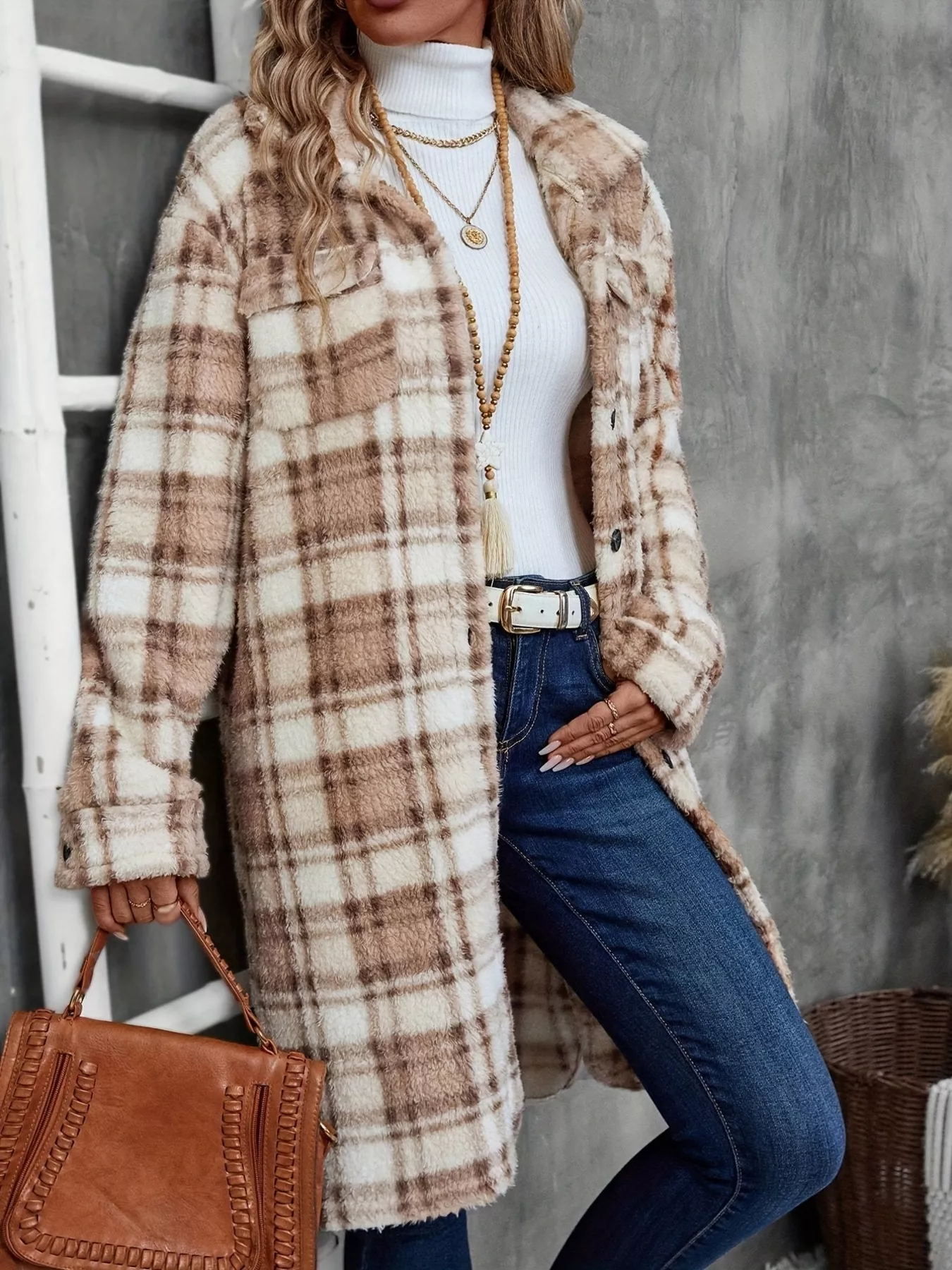 Plaid Fleece Button Up Longline Outerwear - Image 5