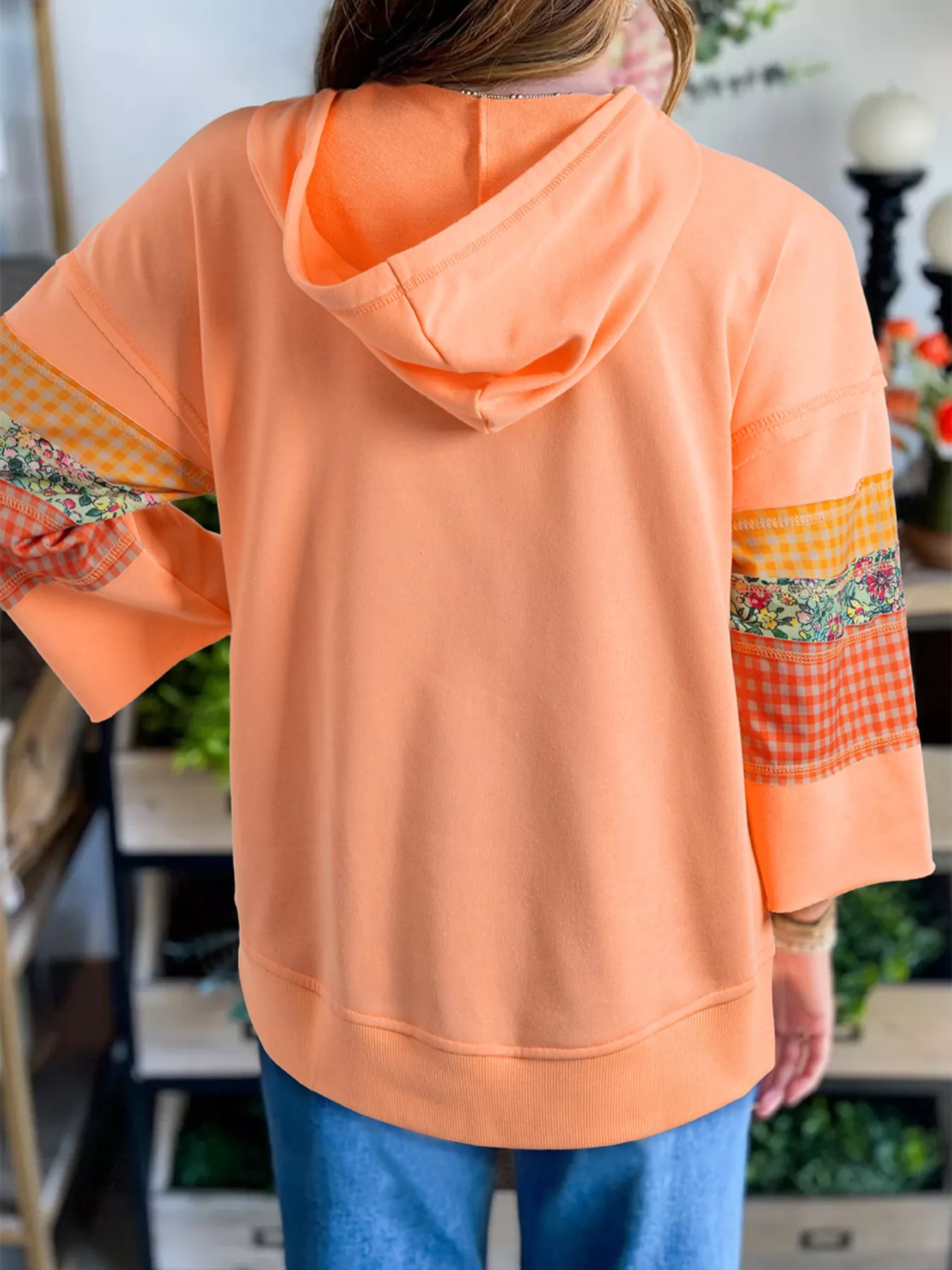 Plaid Floral Patchwork Kangaroo Pocket Hoodie - Image 2