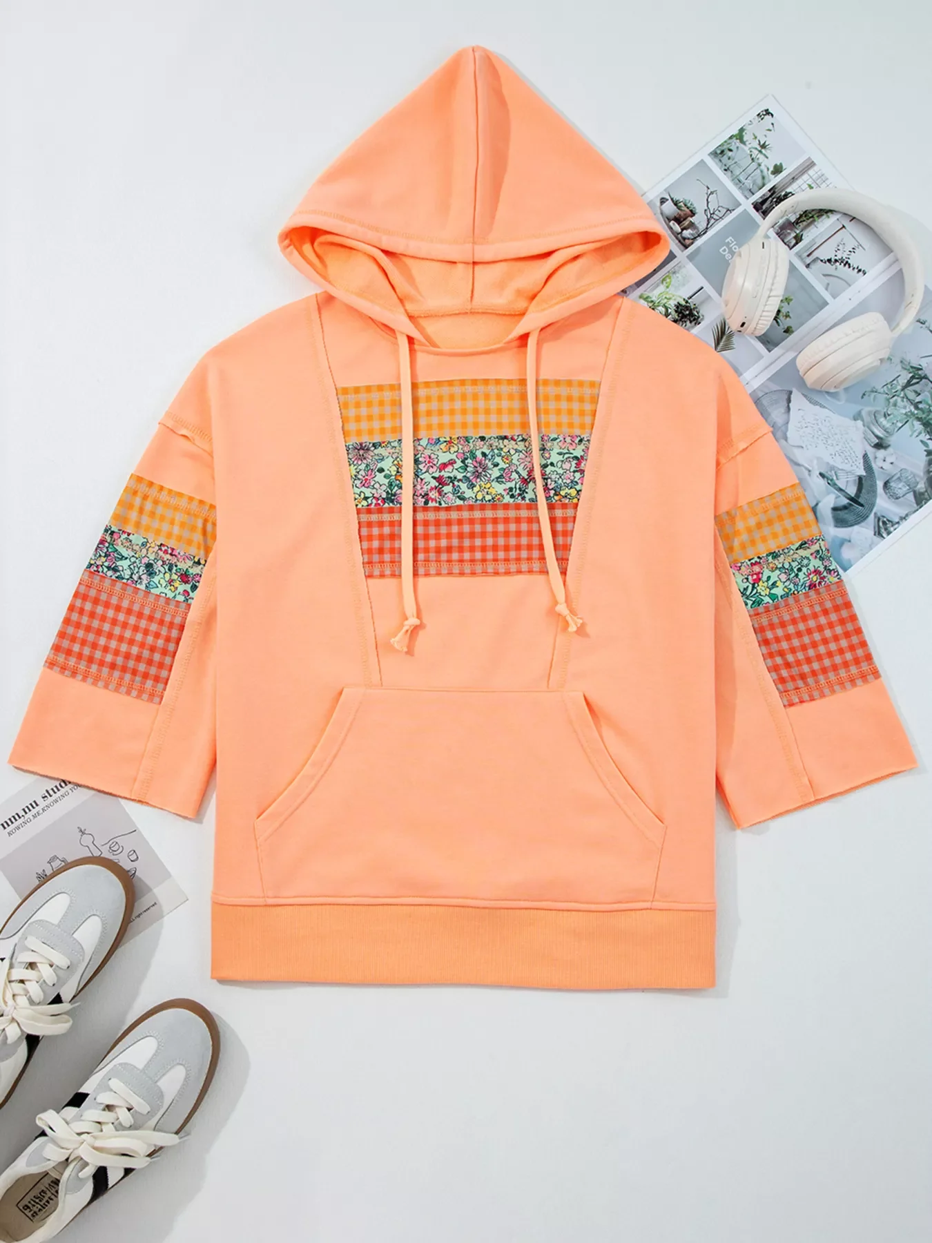 Plaid Floral Patchwork Kangaroo Pocket Hoodie - Image 3
