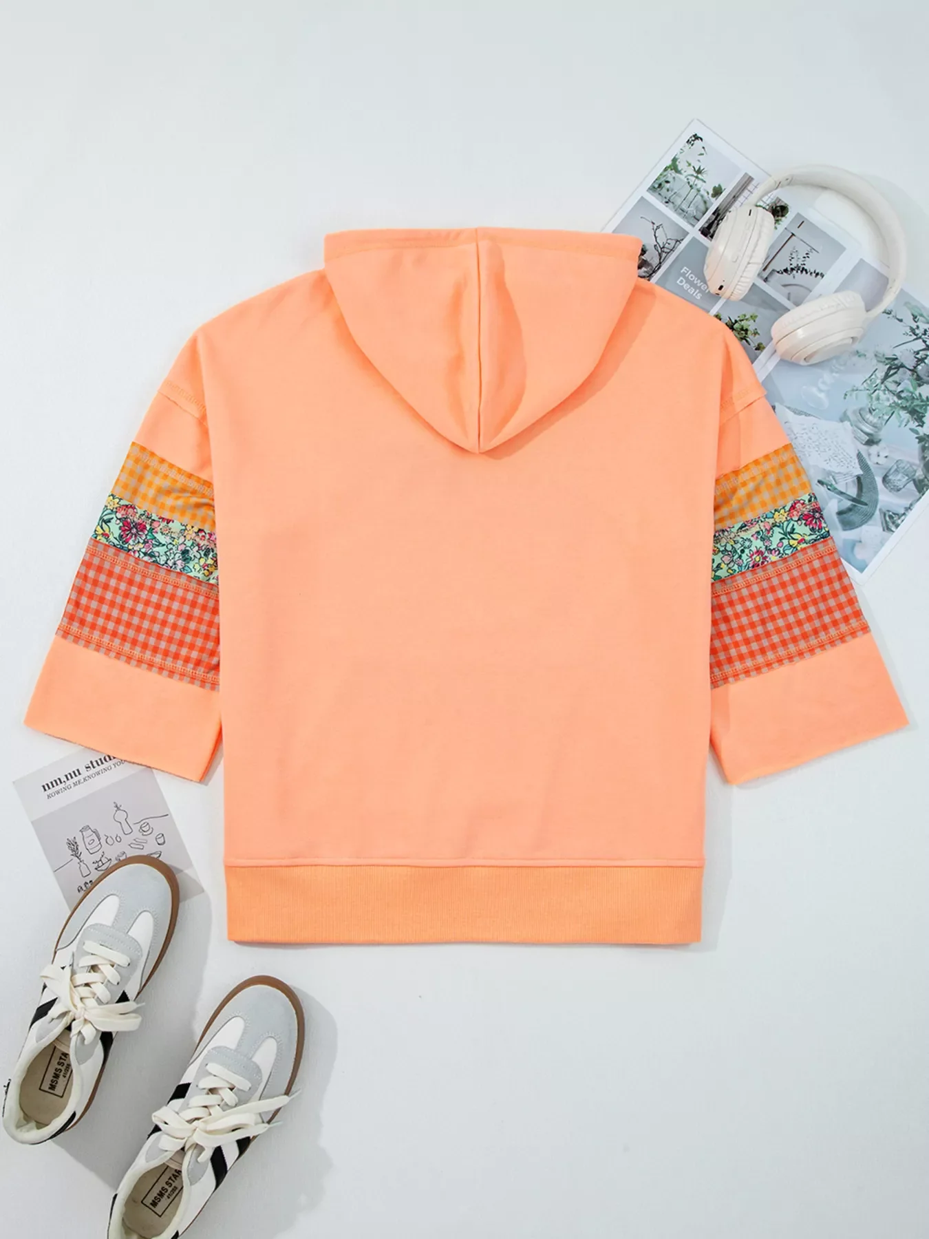 Plaid Floral Patchwork Kangaroo Pocket Hoodie - Image 4