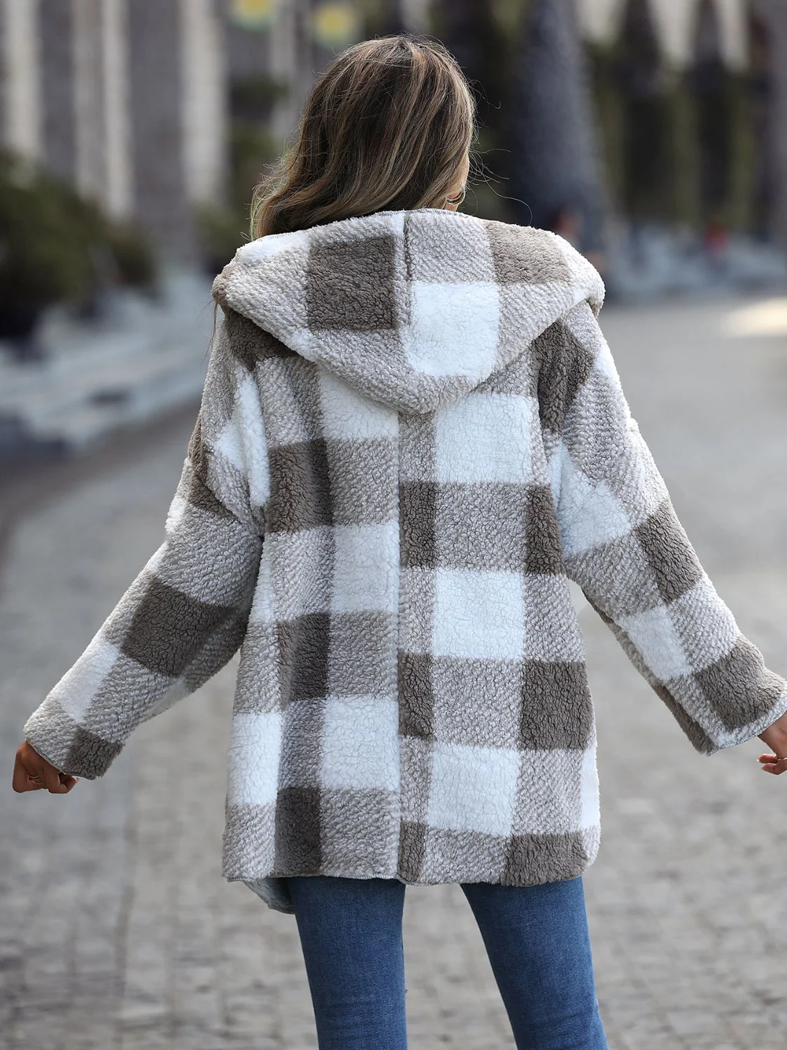 Plaid Open Front Hooded Coat - Image 2