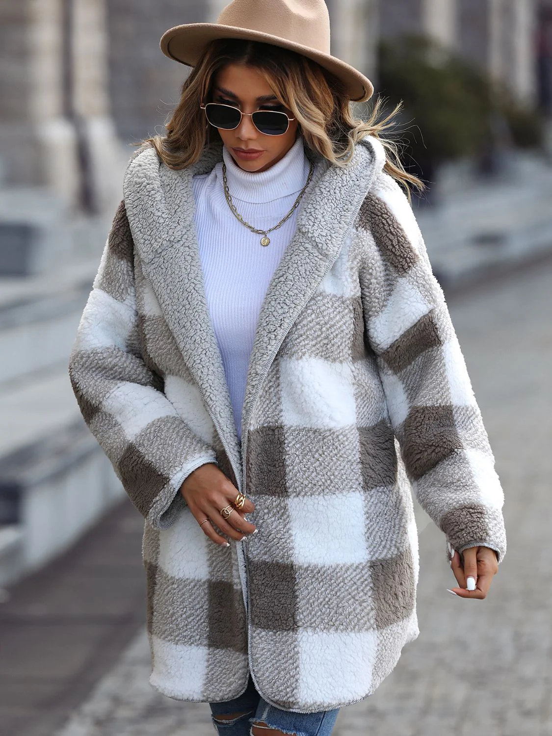 Plaid Open Front Hooded Coat - Image 3
