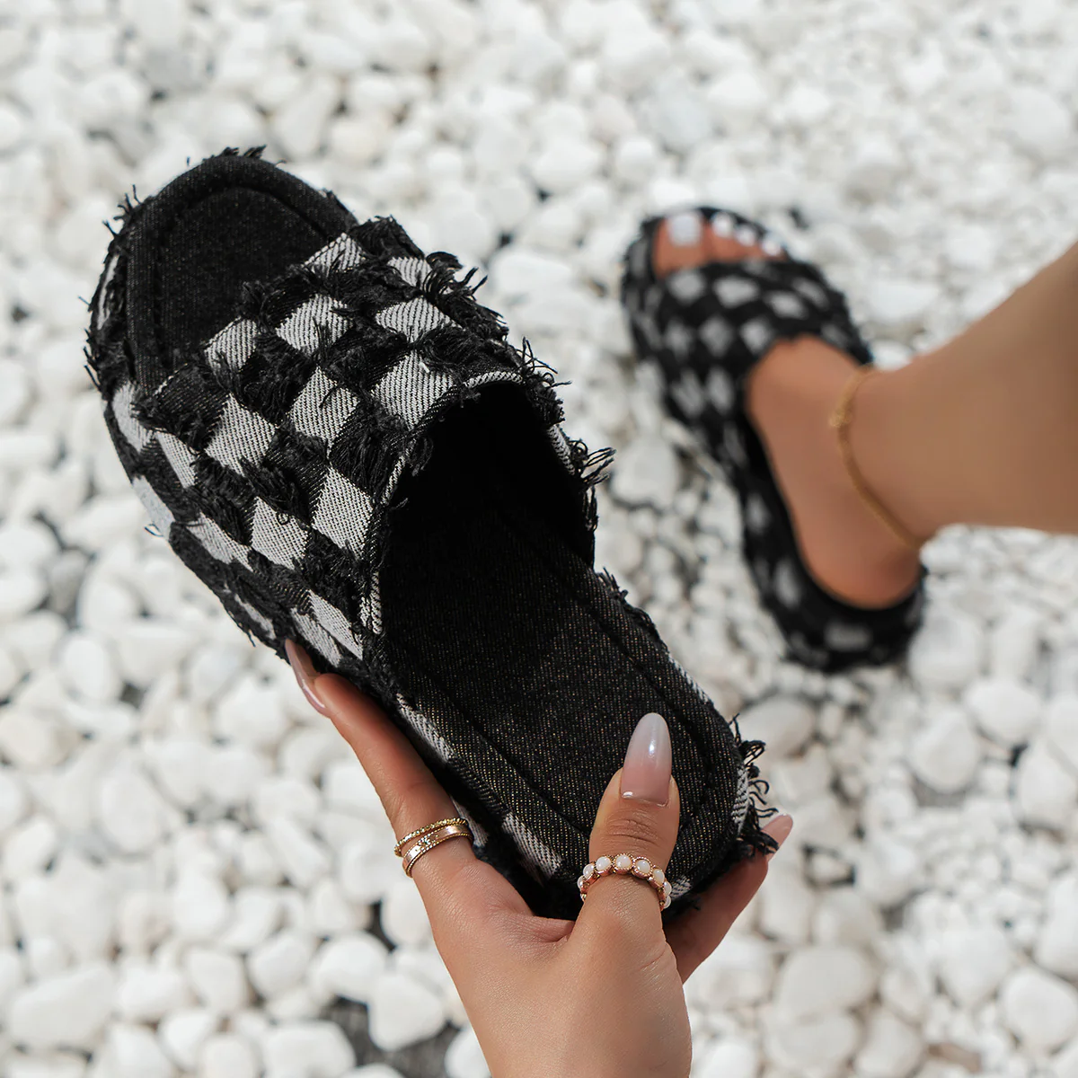 Plaid PU Leather Platform Sandals - Image 6