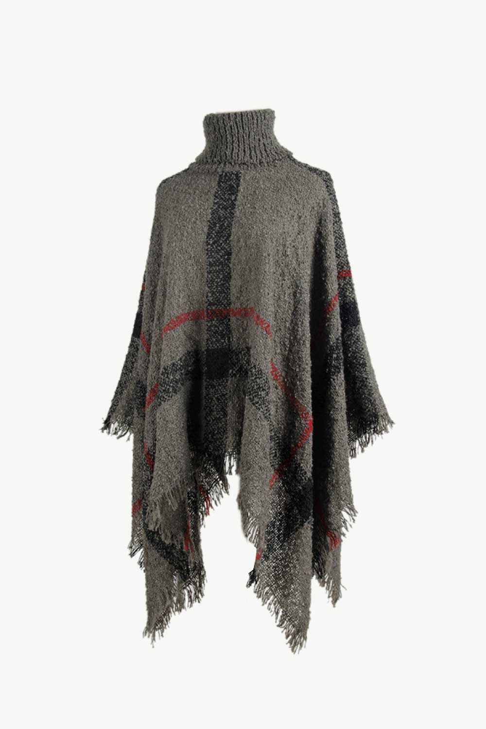 Plaid Turtleneck Raw Hem Poncho - Image 10