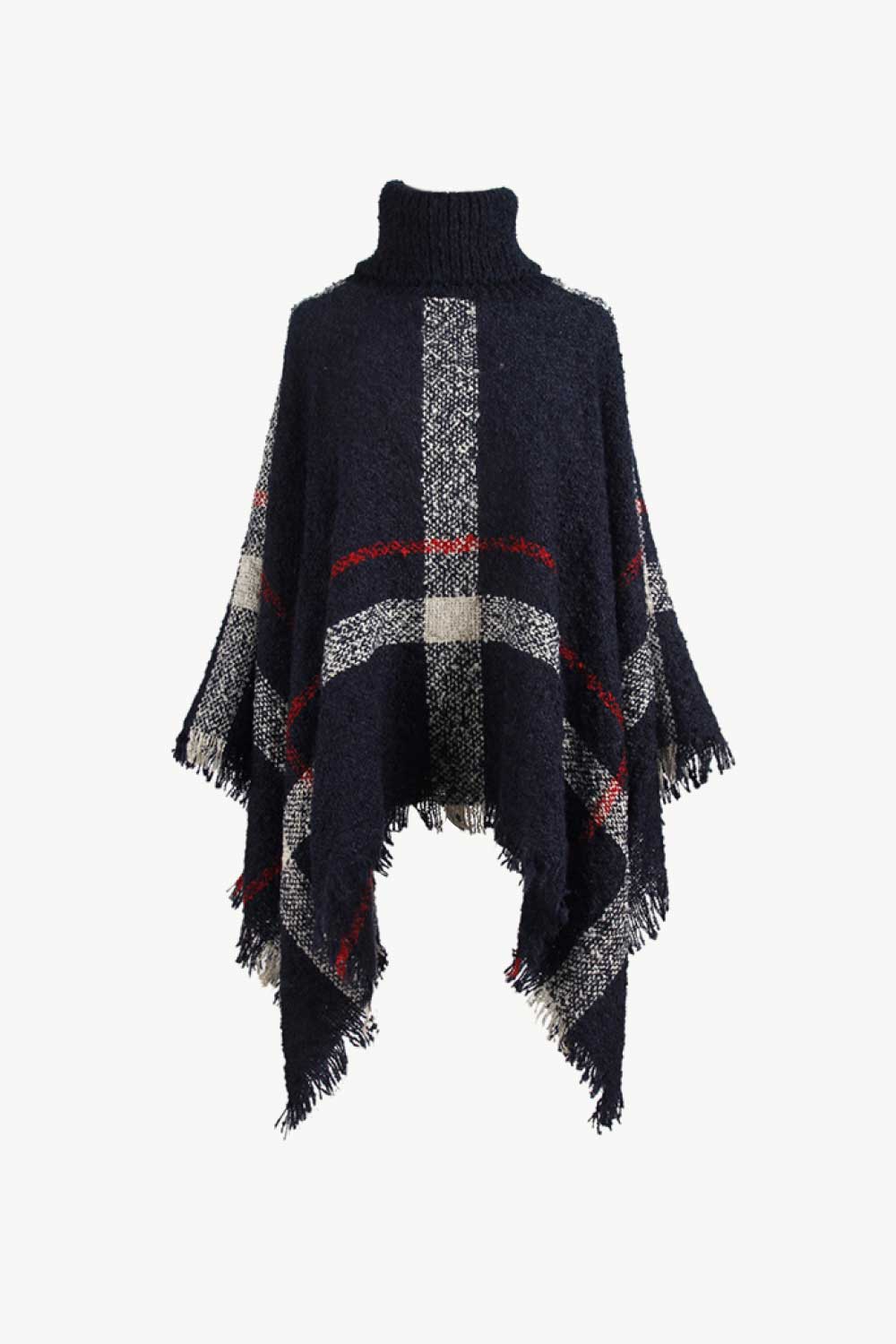 Plaid Turtleneck Raw Hem Poncho - Image 12