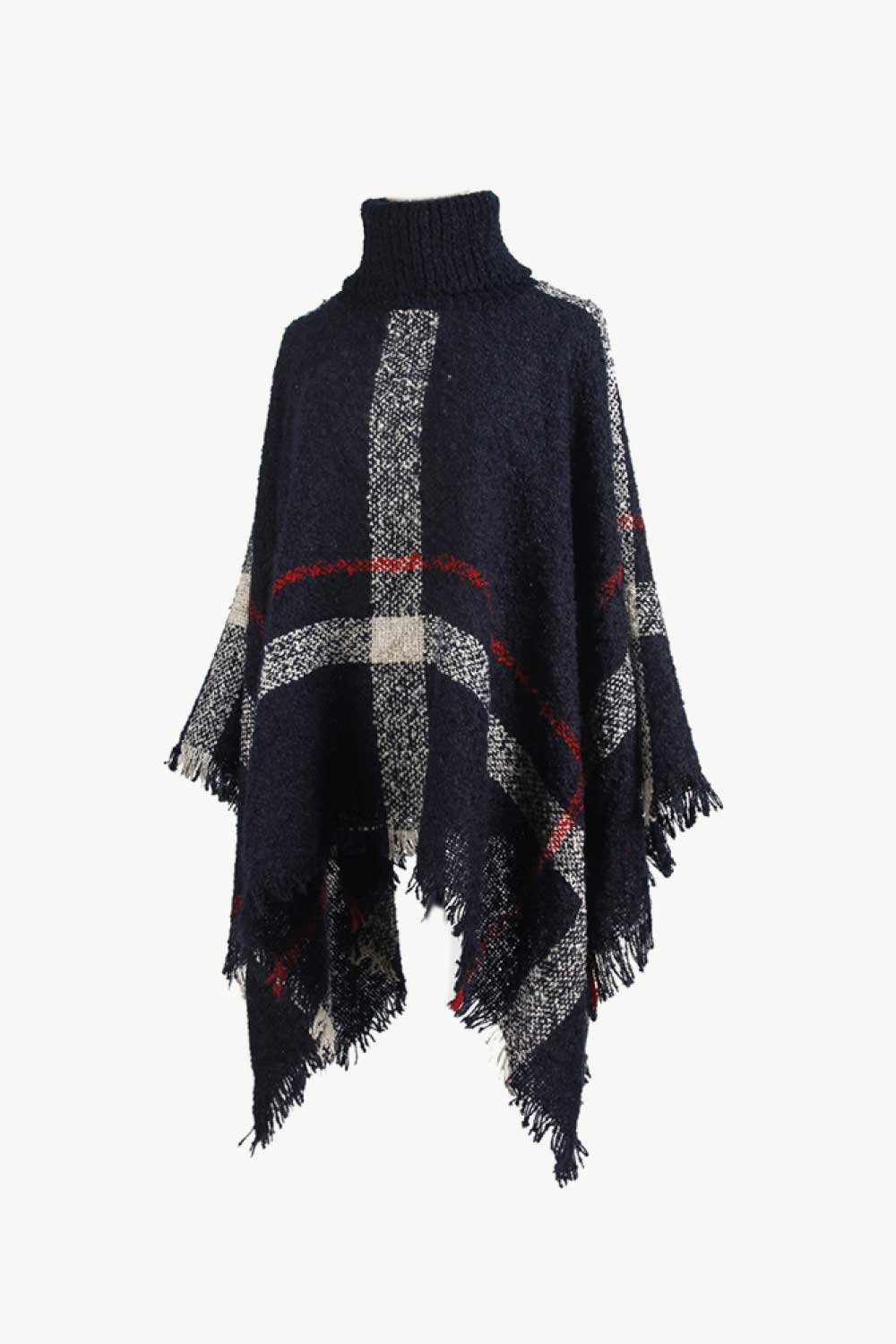 Plaid Turtleneck Raw Hem Poncho - Image 13