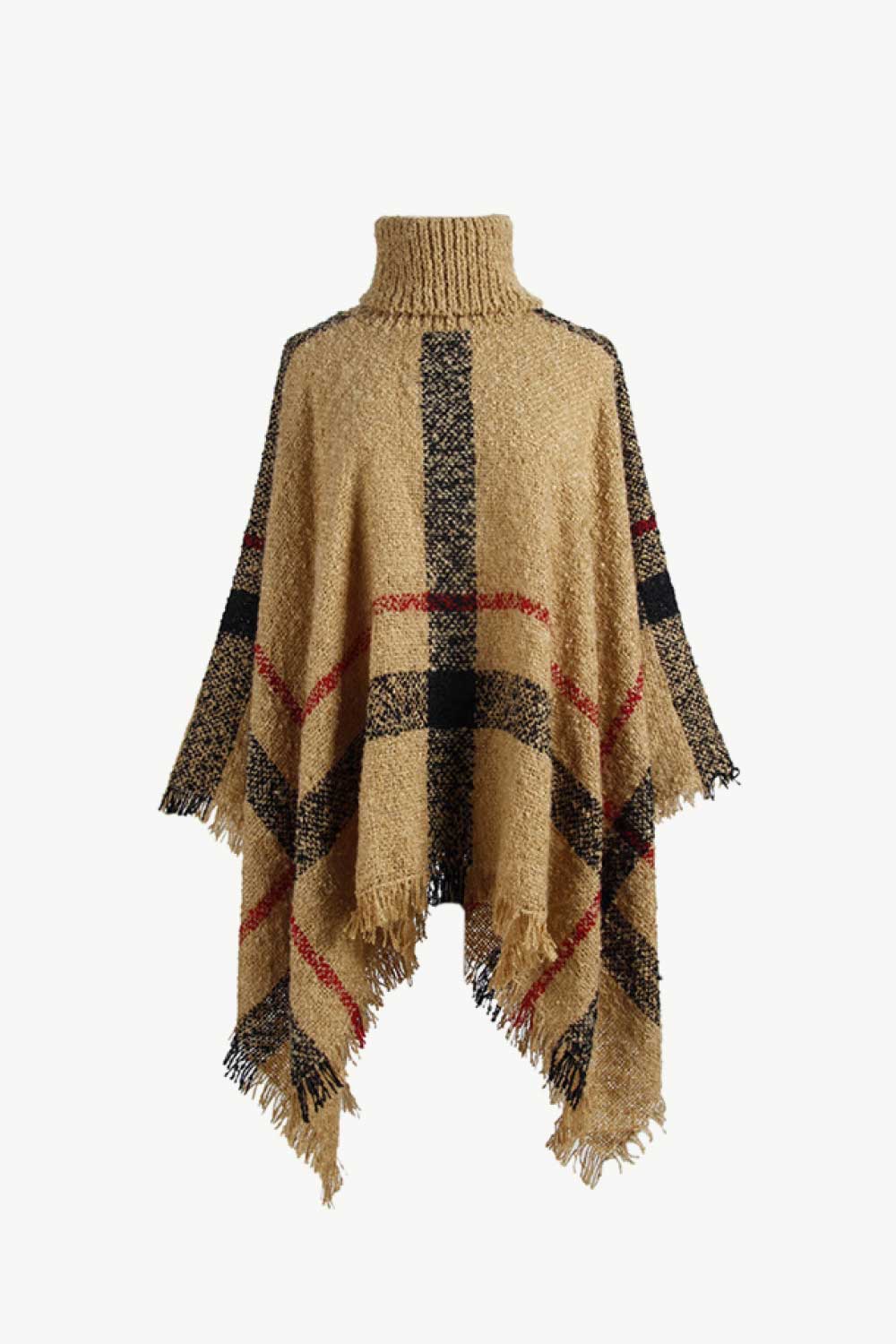 Plaid Turtleneck Raw Hem Poncho - Image 15