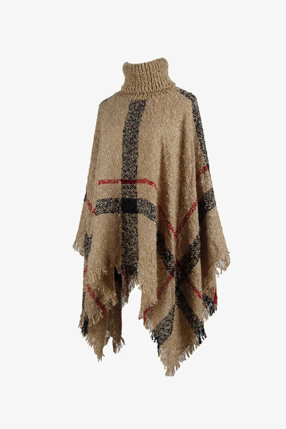 Plaid Turtleneck Raw Hem Poncho - Image 16