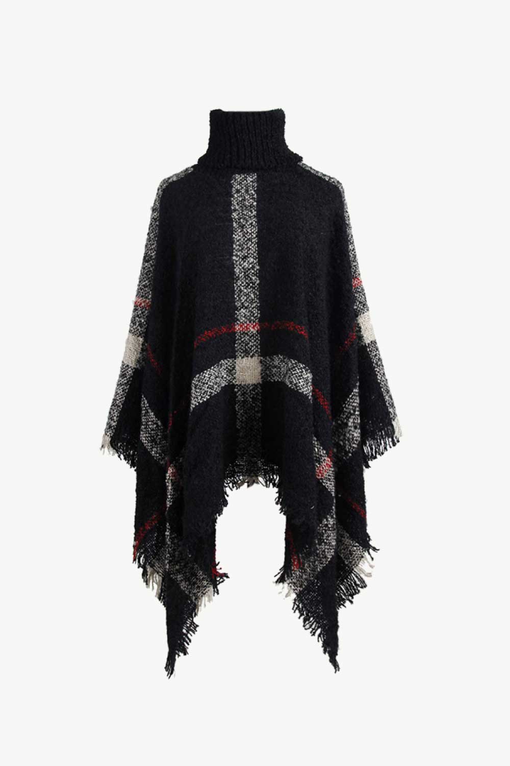 Plaid Turtleneck Raw Hem Poncho - Image 18