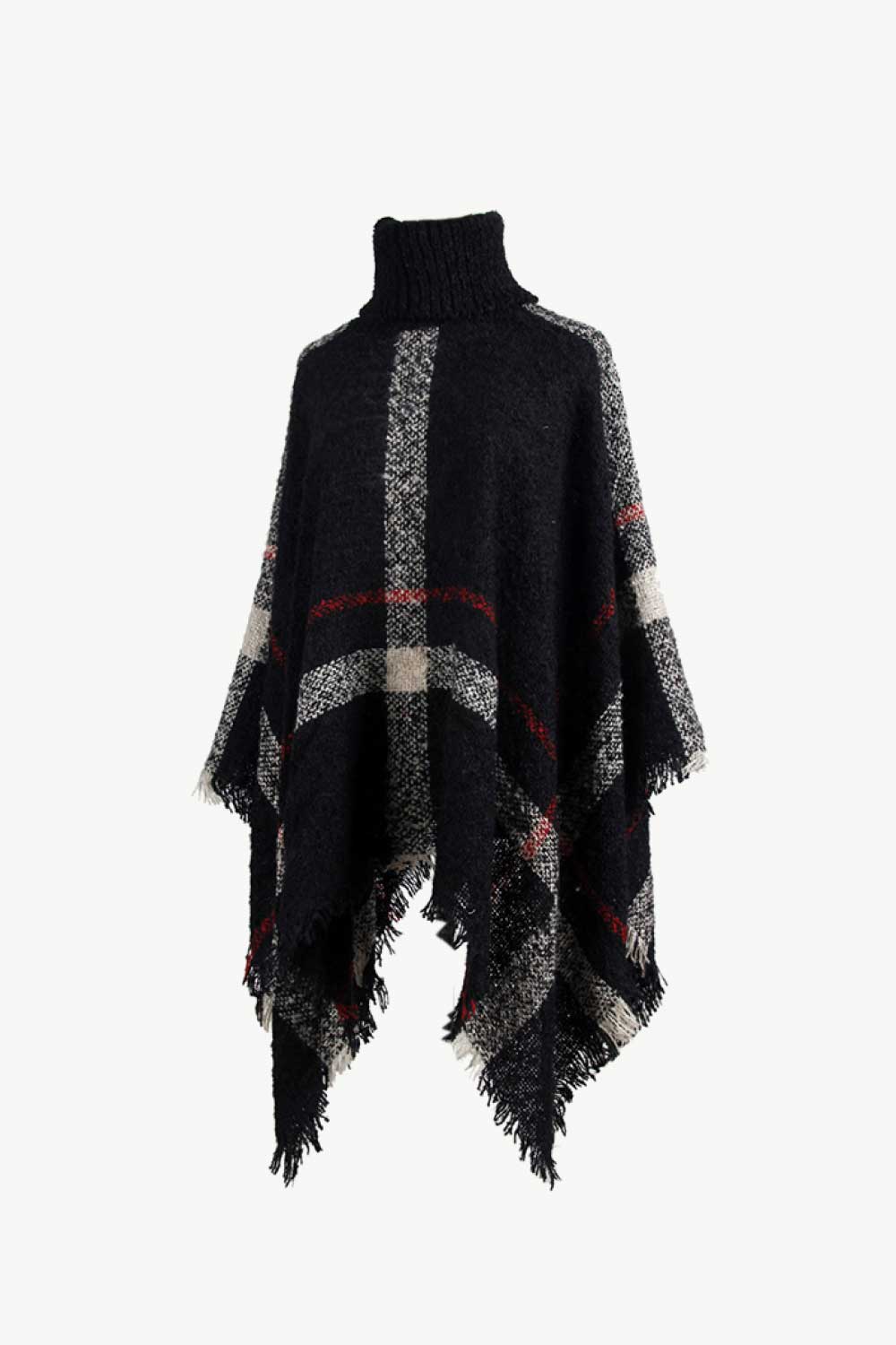 Plaid Turtleneck Raw Hem Poncho - Image 19