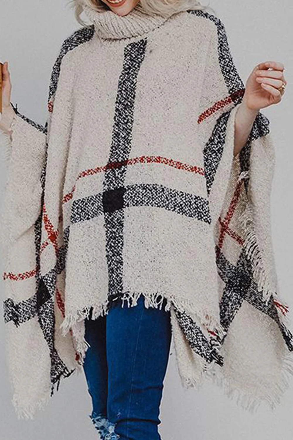 Plaid Turtleneck Raw Hem Poncho - Image 2