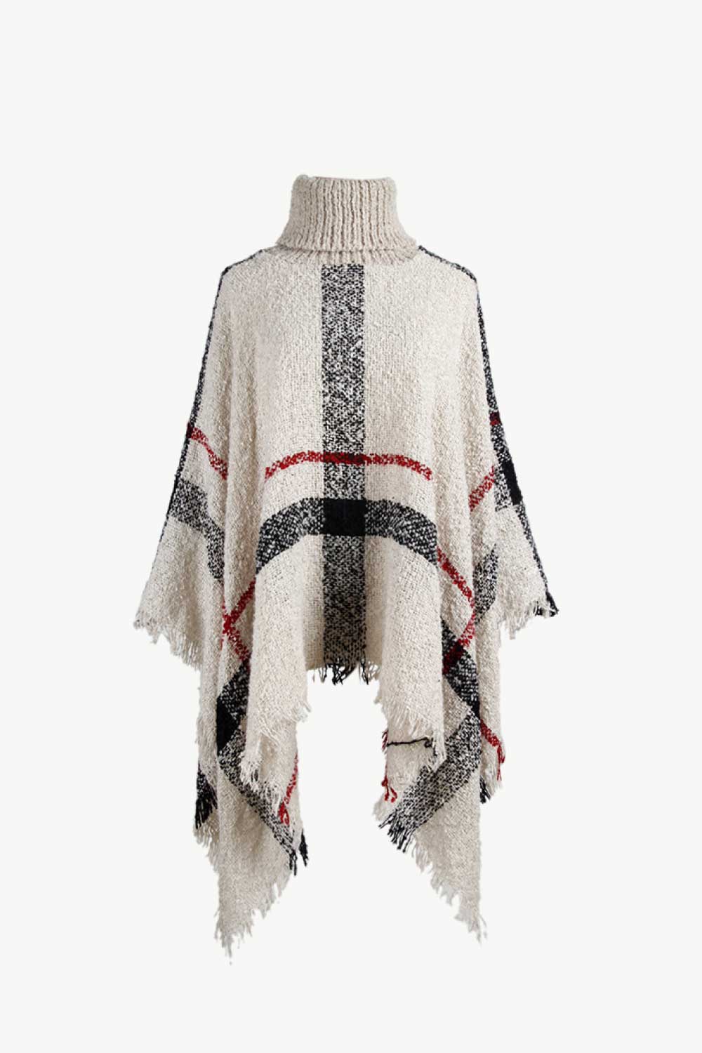 Plaid Turtleneck Raw Hem Poncho - Image 3