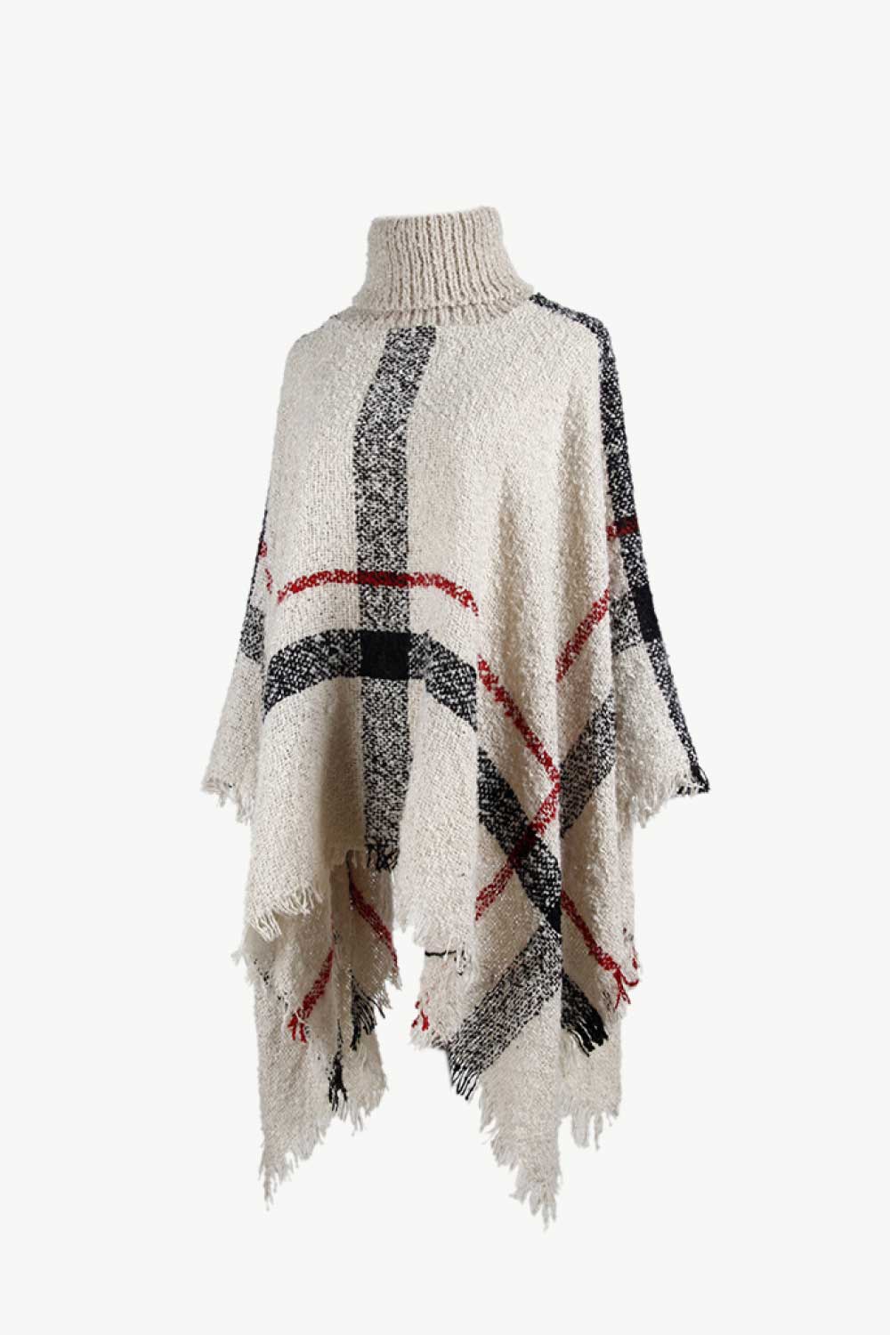 Plaid Turtleneck Raw Hem Poncho - Image 4