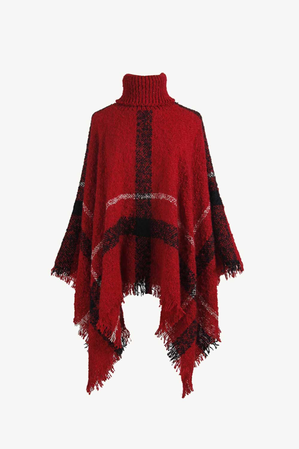 Plaid Turtleneck Raw Hem Poncho - Image 6
