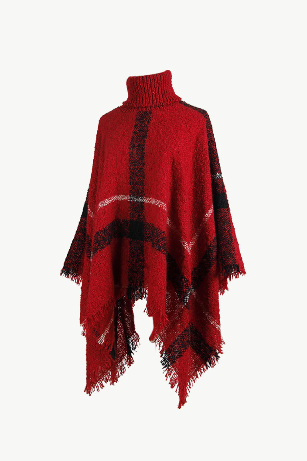 Plaid Turtleneck Raw Hem Poncho - Image 7